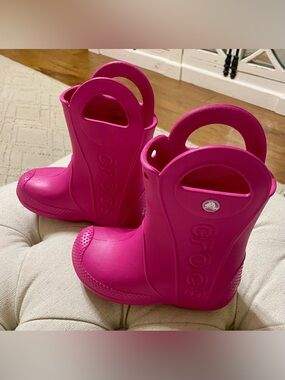 CROCS Kids Waterproof Handle Rain Boots - Hot Pink